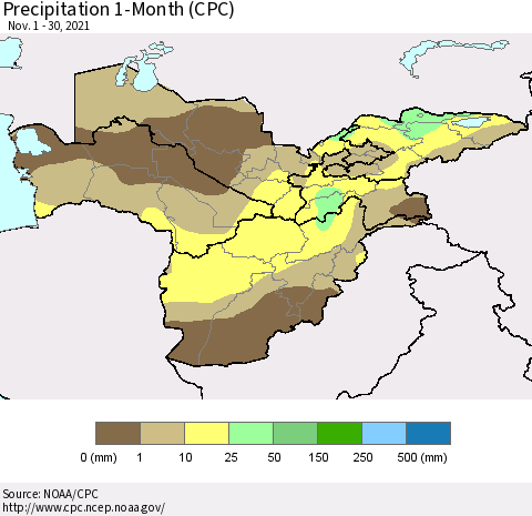 Central Asia Precipitation 1-Month (CPC) Thematic Map For 11/1/2021 - 11/30/2021