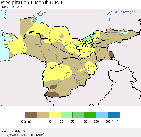 Central Asia Precipitation 1-Month (CPC) Thematic Map For 12/1/2021 - 12/31/2021