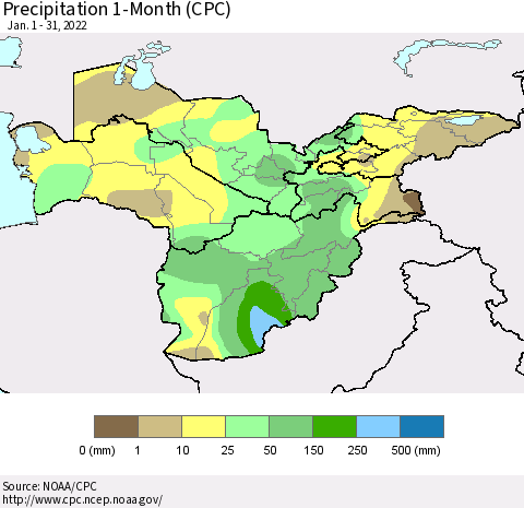 Central Asia Precipitation 1-Month (CPC) Thematic Map For 1/1/2022 - 1/31/2022
