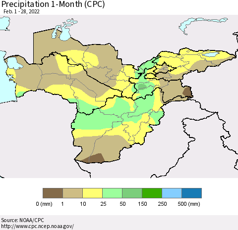 Central Asia Precipitation 1-Month (CPC) Thematic Map For 2/1/2022 - 2/28/2022