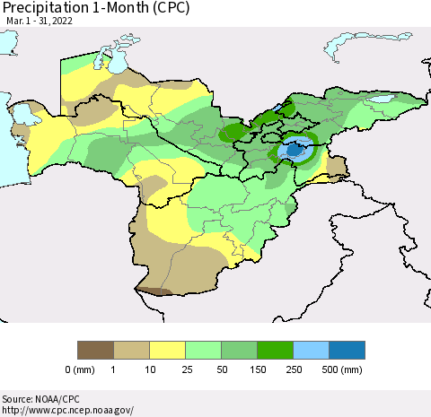 Central Asia Precipitation 1-Month (CPC) Thematic Map For 3/1/2022 - 3/31/2022