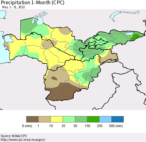 Central Asia Precipitation 1-Month (CPC) Thematic Map For 5/1/2022 - 5/31/2022