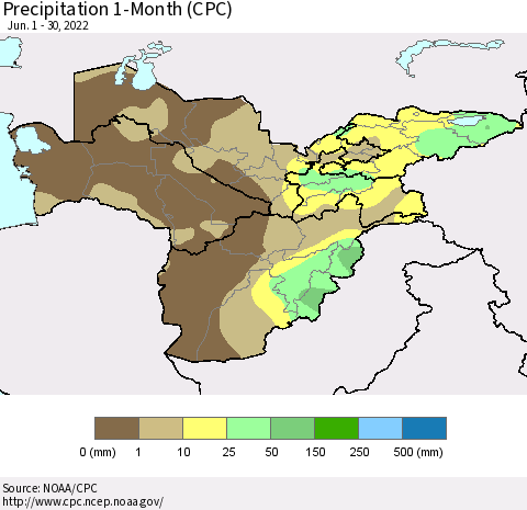 Central Asia Precipitation 1-Month (CPC) Thematic Map For 6/1/2022 - 6/30/2022