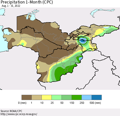 Central Asia Precipitation 1-Month (CPC) Thematic Map For 8/1/2022 - 8/31/2022