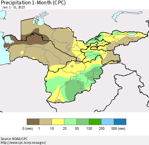 Central Asia Precipitation 1-Month (CPC) Thematic Map For 1/1/2023 - 1/31/2023