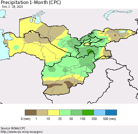 Central Asia Precipitation 1-Month (CPC) Thematic Map For 2/1/2023 - 2/28/2023