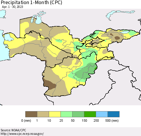 Central Asia Precipitation 1-Month (CPC) Thematic Map For 4/1/2023 - 4/30/2023