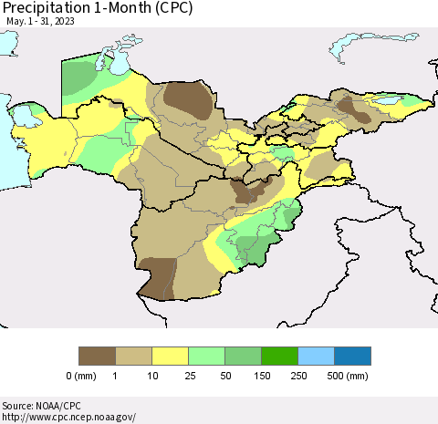 Central Asia Precipitation 1-Month (CPC) Thematic Map For 5/1/2023 - 5/31/2023