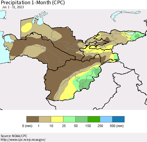Central Asia Precipitation 1-Month (CPC) Thematic Map For 7/1/2023 - 7/31/2023