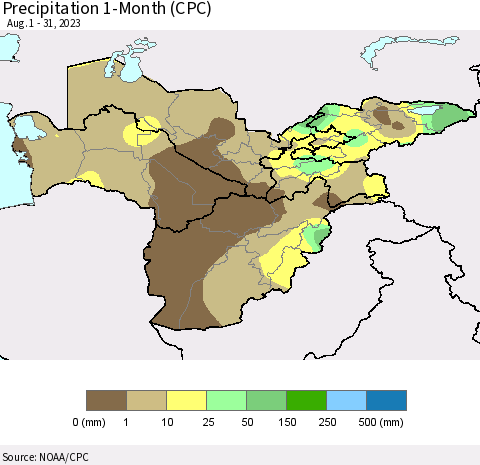 Central Asia Precipitation 1-Month (CPC) Thematic Map For 8/1/2023 - 8/31/2023