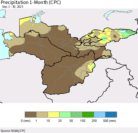 Central Asia Precipitation 1-Month (CPC) Thematic Map For 9/1/2023 - 9/30/2023