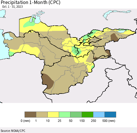 Central Asia Precipitation 1-Month (CPC) Thematic Map For 10/1/2023 - 10/31/2023
