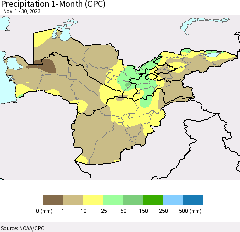 Central Asia Precipitation 1-Month (CPC) Thematic Map For 11/1/2023 - 11/30/2023