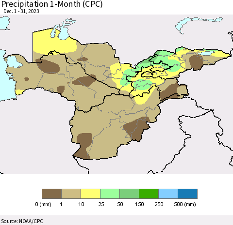 Central Asia Precipitation 1-Month (CPC) Thematic Map For 12/1/2023 - 12/31/2023