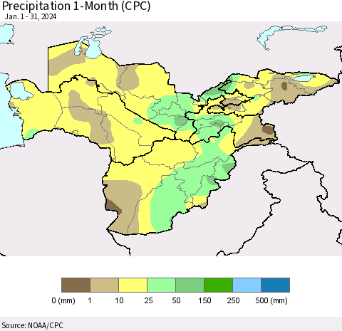 Central Asia Precipitation 1-Month (CPC) Thematic Map For 1/1/2024 - 1/31/2024