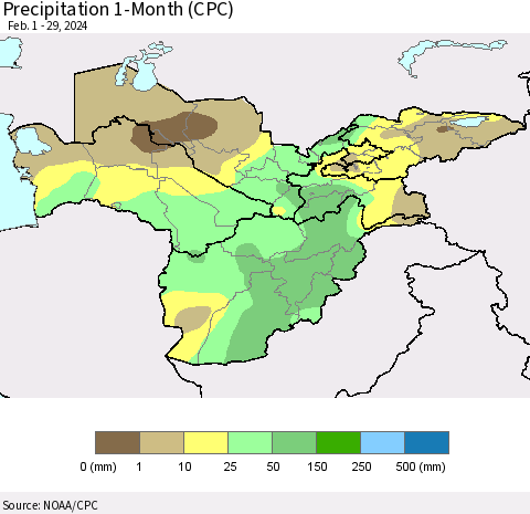Central Asia Precipitation 1-Month (CPC) Thematic Map For 2/1/2024 - 2/29/2024