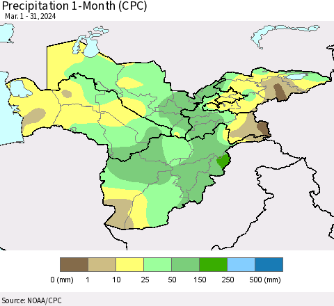 Central Asia Precipitation 1-Month (CPC) Thematic Map For 3/1/2024 - 3/31/2024