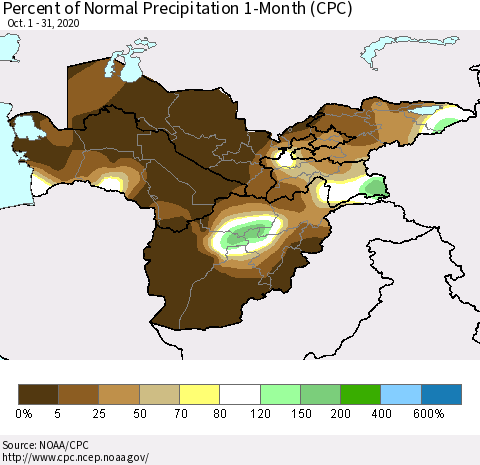 Central Asia Percent of Normal Precipitation 1-Month (CPC) Thematic Map For 10/1/2020 - 10/31/2020