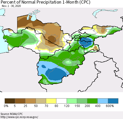 Central Asia Percent of Normal Precipitation 1-Month (CPC) Thematic Map For 11/1/2020 - 11/30/2020