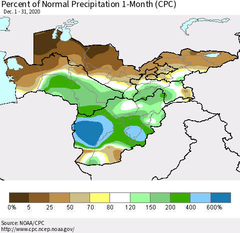 Central Asia Percent of Normal Precipitation 1-Month (CPC) Thematic Map For 12/1/2020 - 12/31/2020
