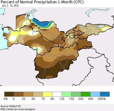 Central Asia Percent of Normal Precipitation 1-Month (CPC) Thematic Map For 1/1/2021 - 1/31/2021