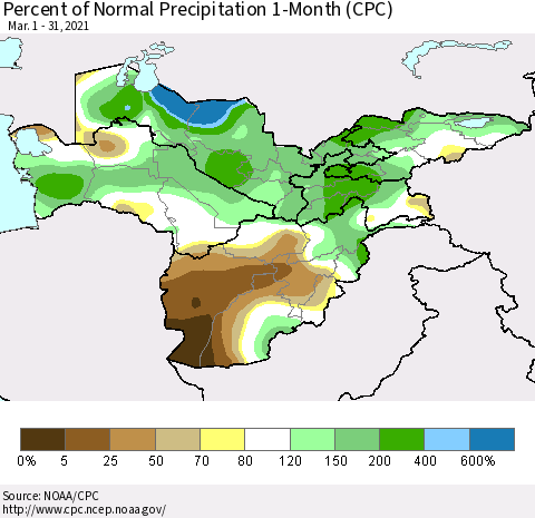 Central Asia Percent of Normal Precipitation 1-Month (CPC) Thematic Map For 3/1/2021 - 3/31/2021