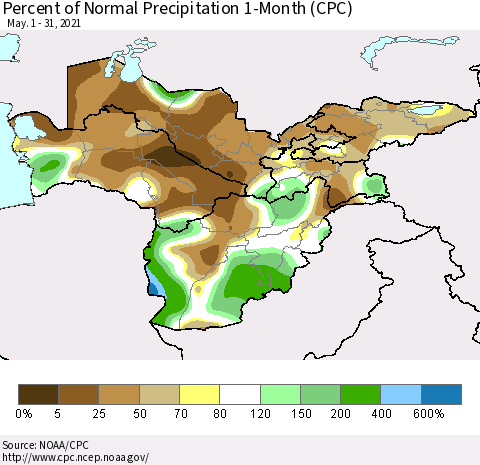 Central Asia Percent of Normal Precipitation 1-Month (CPC) Thematic Map For 5/1/2021 - 5/31/2021