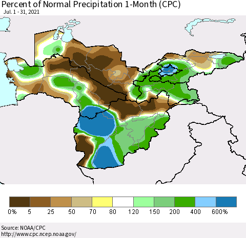 Central Asia Percent of Normal Precipitation 1-Month (CPC) Thematic Map For 7/1/2021 - 7/31/2021