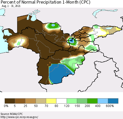 Central Asia Percent of Normal Precipitation 1-Month (CPC) Thematic Map For 8/1/2021 - 8/31/2021