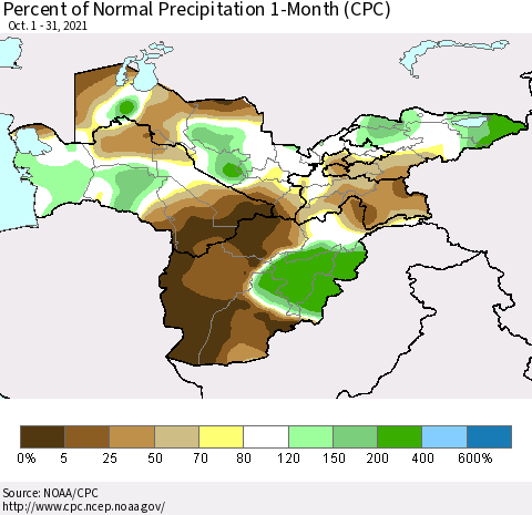Central Asia Percent of Normal Precipitation 1-Month (CPC) Thematic Map For 10/1/2021 - 10/31/2021