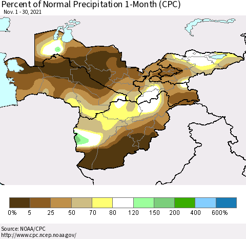 Central Asia Percent of Normal Precipitation 1-Month (CPC) Thematic Map For 11/1/2021 - 11/30/2021