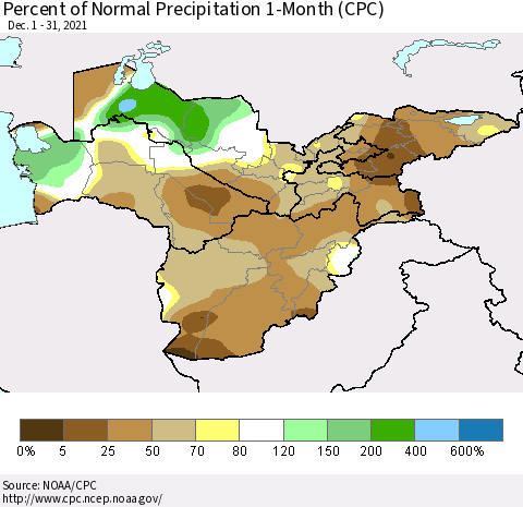 Central Asia Percent of Normal Precipitation 1-Month (CPC) Thematic Map For 12/1/2021 - 12/31/2021