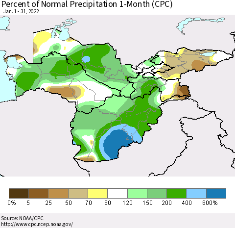 Central Asia Percent of Normal Precipitation 1-Month (CPC) Thematic Map For 1/1/2022 - 1/31/2022