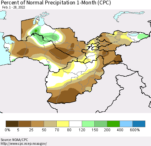 Central Asia Percent of Normal Precipitation 1-Month (CPC) Thematic Map For 2/1/2022 - 2/28/2022
