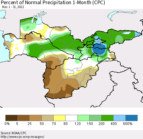 Central Asia Percent of Normal Precipitation 1-Month (CPC) Thematic Map For 3/1/2022 - 3/31/2022