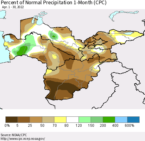 Central Asia Percent of Normal Precipitation 1-Month (CPC) Thematic Map For 4/1/2022 - 4/30/2022