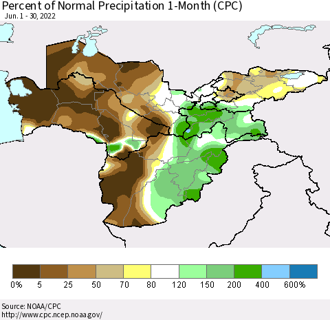 Central Asia Percent of Normal Precipitation 1-Month (CPC) Thematic Map For 6/1/2022 - 6/30/2022