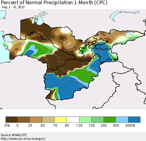 Central Asia Percent of Normal Precipitation 1-Month (CPC) Thematic Map For 8/1/2022 - 8/31/2022