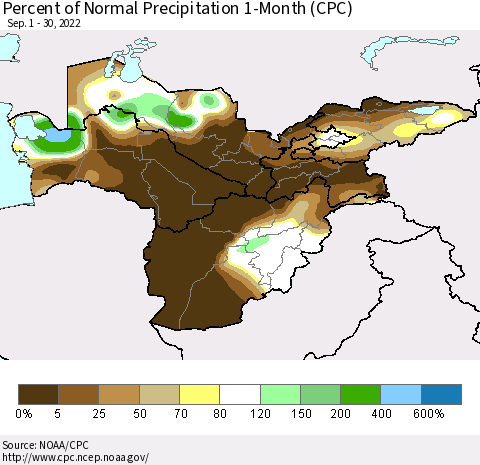 Central Asia Percent of Normal Precipitation 1-Month (CPC) Thematic Map For 9/1/2022 - 9/30/2022