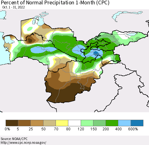 Central Asia Percent of Normal Precipitation 1-Month (CPC) Thematic Map For 10/1/2022 - 10/31/2022
