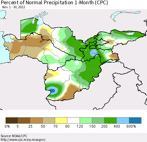 Central Asia Percent of Normal Precipitation 1-Month (CPC) Thematic Map For 11/1/2022 - 11/30/2022