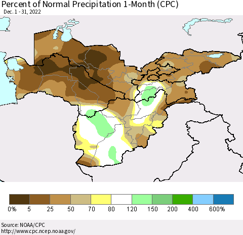 Central Asia Percent of Normal Precipitation 1-Month (CPC) Thematic Map For 12/1/2022 - 12/31/2022