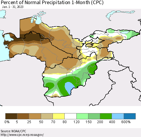 Central Asia Percent of Normal Precipitation 1-Month (CPC) Thematic Map For 1/1/2023 - 1/31/2023