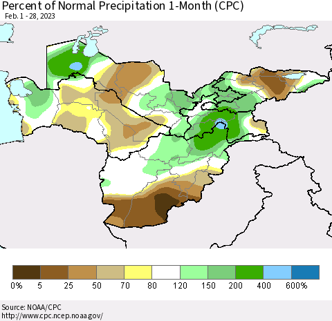 Central Asia Percent of Normal Precipitation 1-Month (CPC) Thematic Map For 2/1/2023 - 2/28/2023