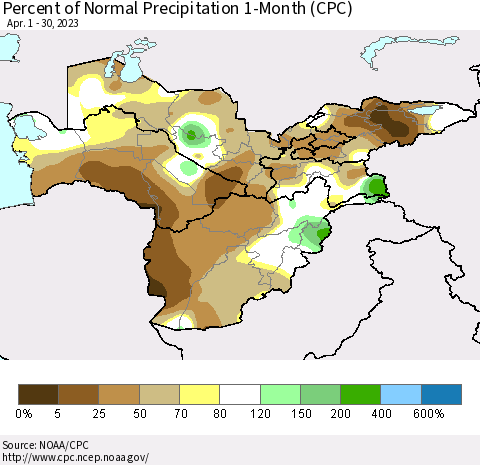Central Asia Percent of Normal Precipitation 1-Month (CPC) Thematic Map For 4/1/2023 - 4/30/2023