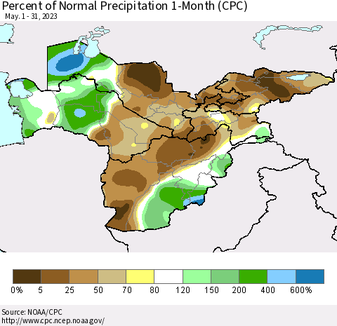 Central Asia Percent of Normal Precipitation 1-Month (CPC) Thematic Map For 5/1/2023 - 5/31/2023