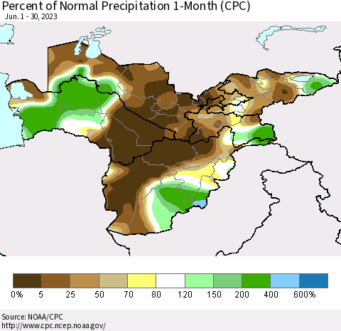 Central Asia Percent of Normal Precipitation 1-Month (CPC) Thematic Map For 6/1/2023 - 6/30/2023