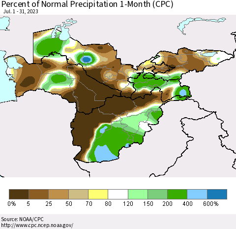 Central Asia Percent of Normal Precipitation 1-Month (CPC) Thematic Map For 7/1/2023 - 7/31/2023