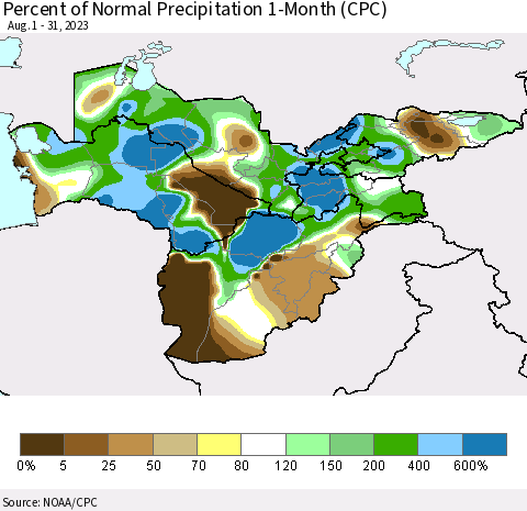 Central Asia Percent of Normal Precipitation 1-Month (CPC) Thematic Map For 8/1/2023 - 8/31/2023