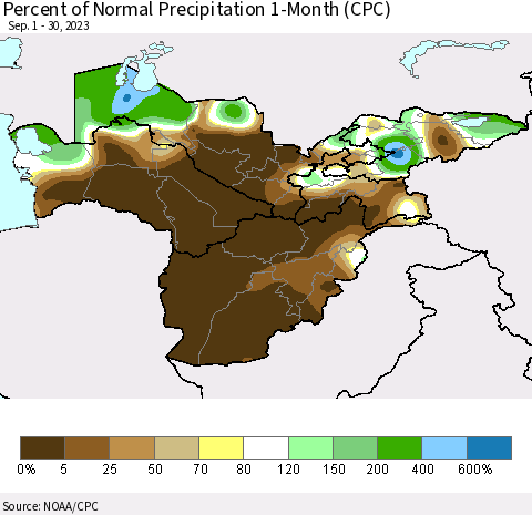 Central Asia Percent of Normal Precipitation 1-Month (CPC) Thematic Map For 9/1/2023 - 9/30/2023